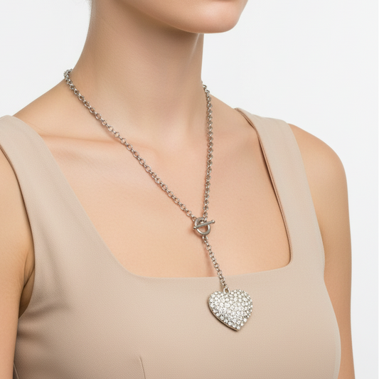 Vintage 1990s Silver-Tone Rhinestone Pave Heart Lariat Pendant Necklace Toggle