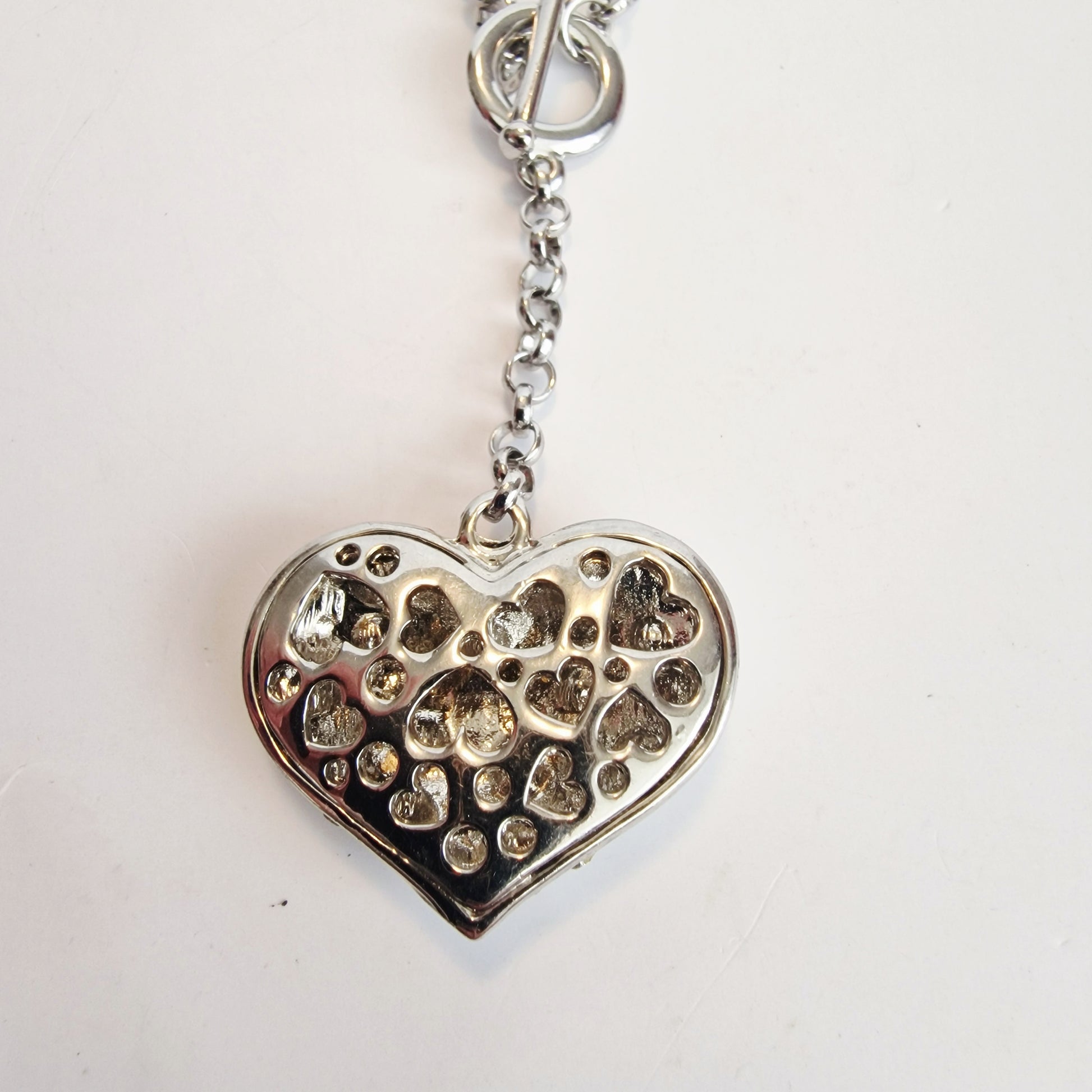 Vintage 1990s Silver-Tone Rhinestone Pave Heart Lariat Pendant Necklace Toggle – photo 5