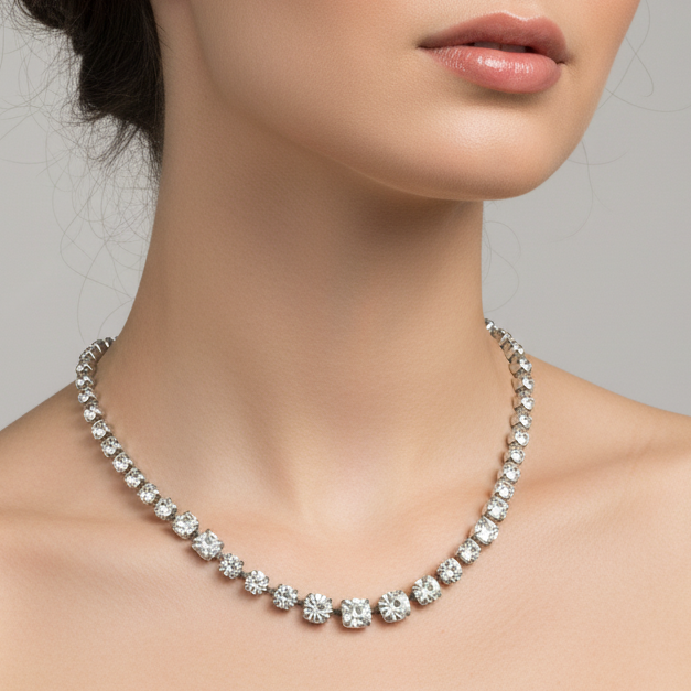 Vintage Style Silver-Tone Rhinestone Choker Necklace Clear Crystal Graduated Pin