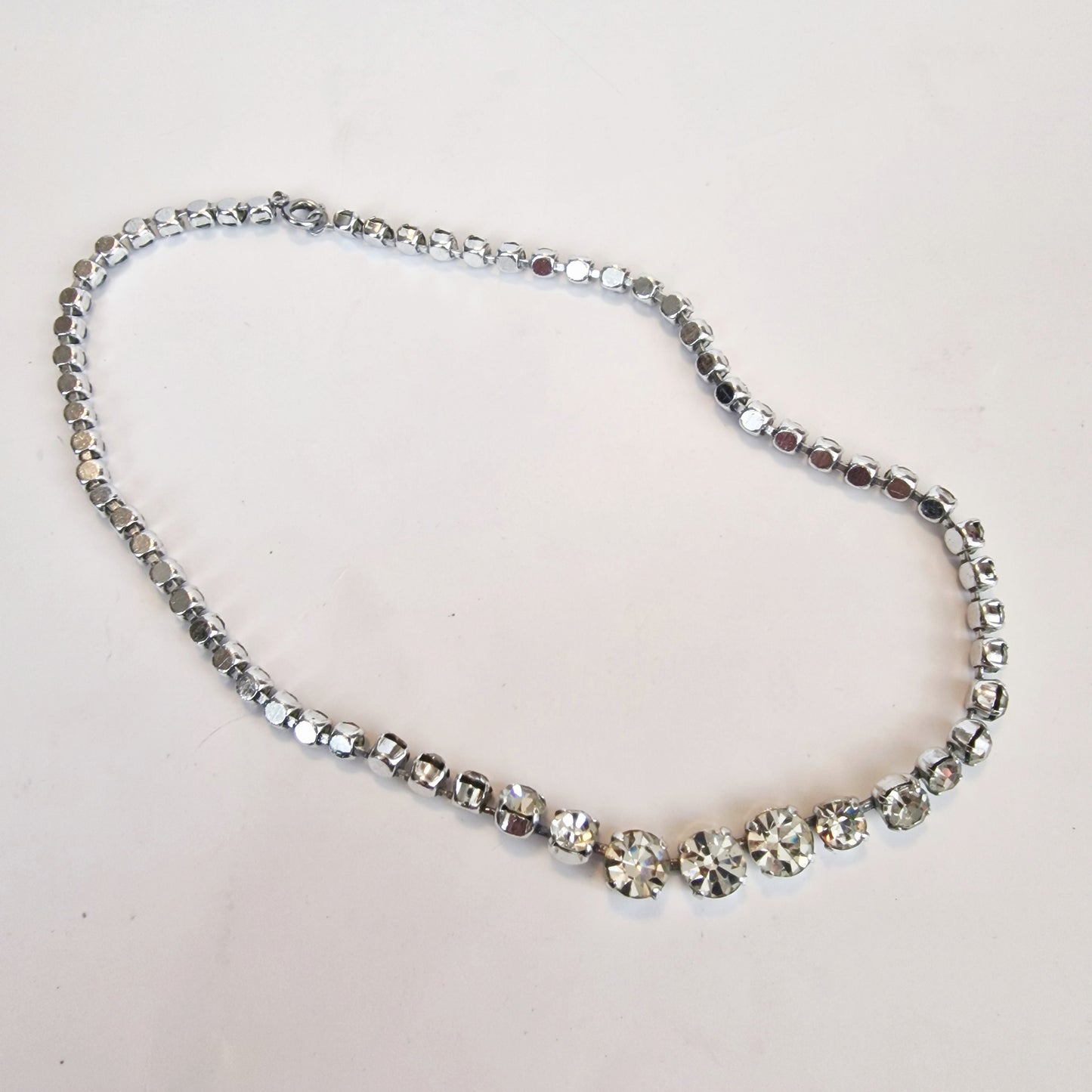 Vintage 1950s Silver-Tone Rhinestone Choker Necklace Clear Crystal Graduated Pin – photo 2