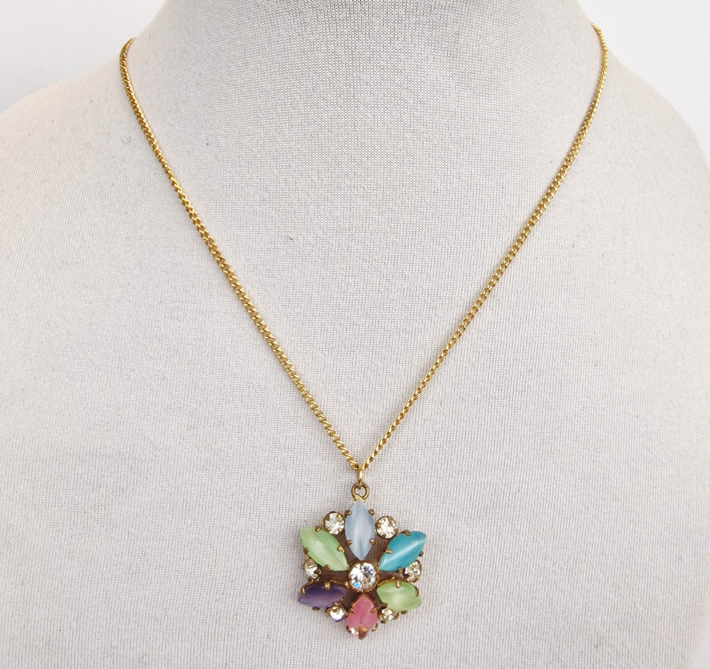 Vintage 1960s Gold-Tone Pastel Glass Cabochon Pendant Necklace Floral Rhinestone