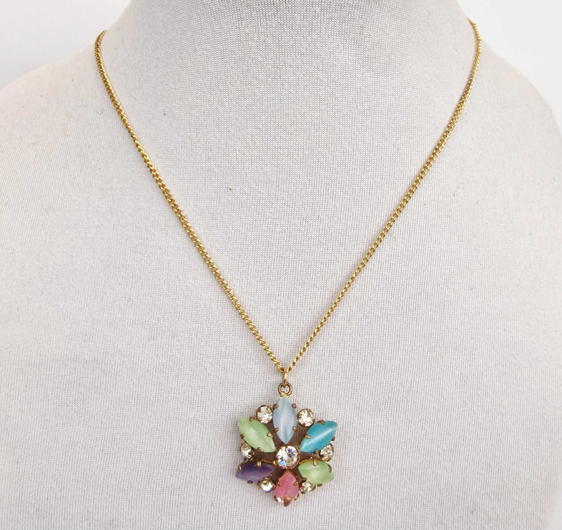 Vintage 1960s Gold-Tone Pastel Glass Cabochon Pendant Necklace Floral Rhinestone