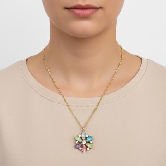 Vintage 1960s Gold-Tone Pastel Glass Cabochon Pendant Necklace Floral Rhinestone