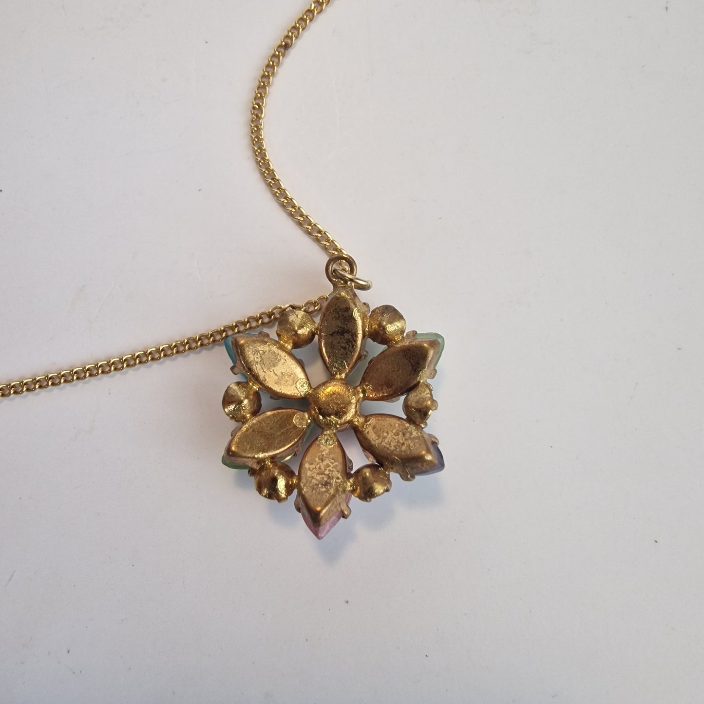 Vintage 1960s Gold-Tone Pastel Glass Cabochon Pendant Necklace Floral Rhinestone – photo 5