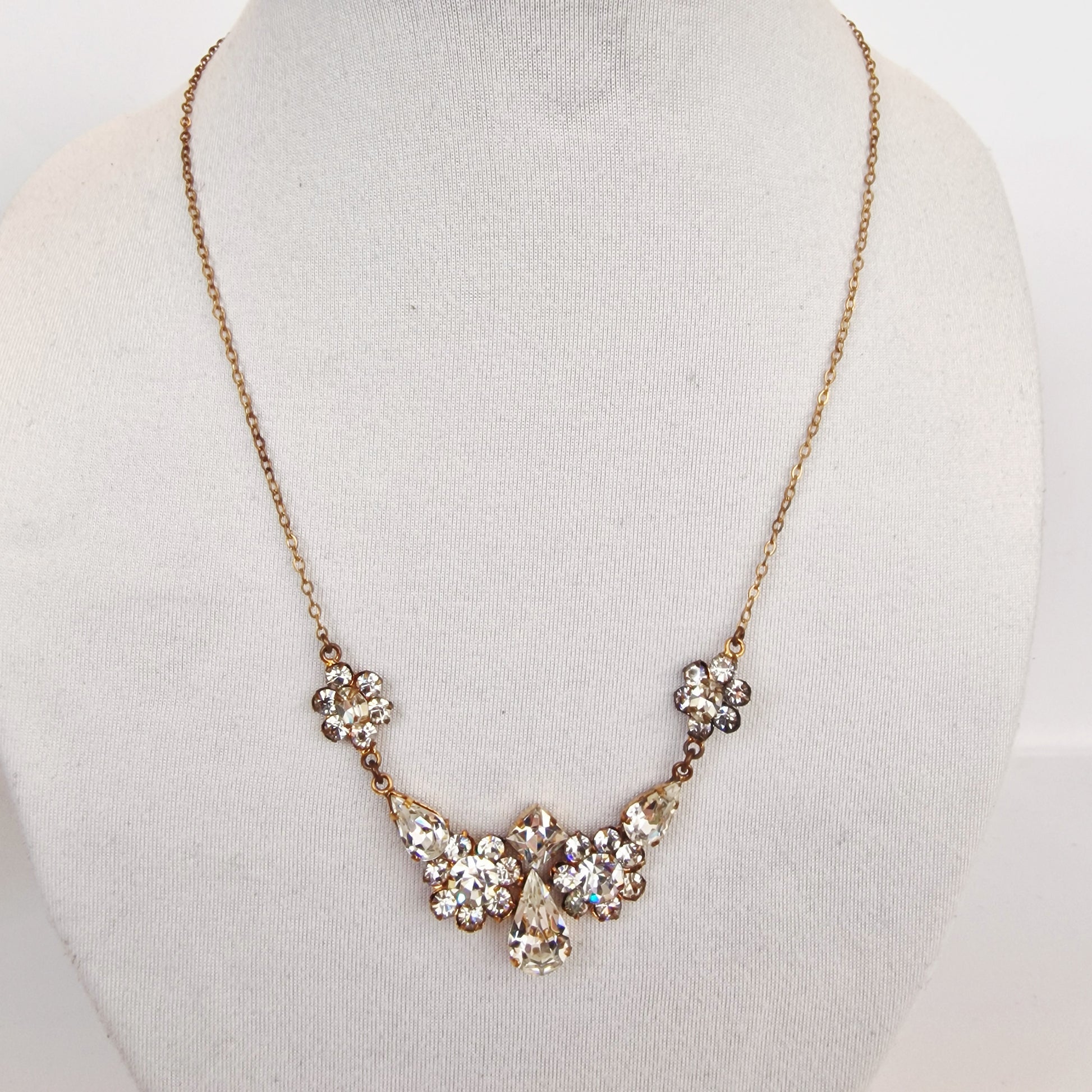 Vintage 1930s Gold-Tone Art Deco Rhinestone Statement Cluster Necklace Bridal