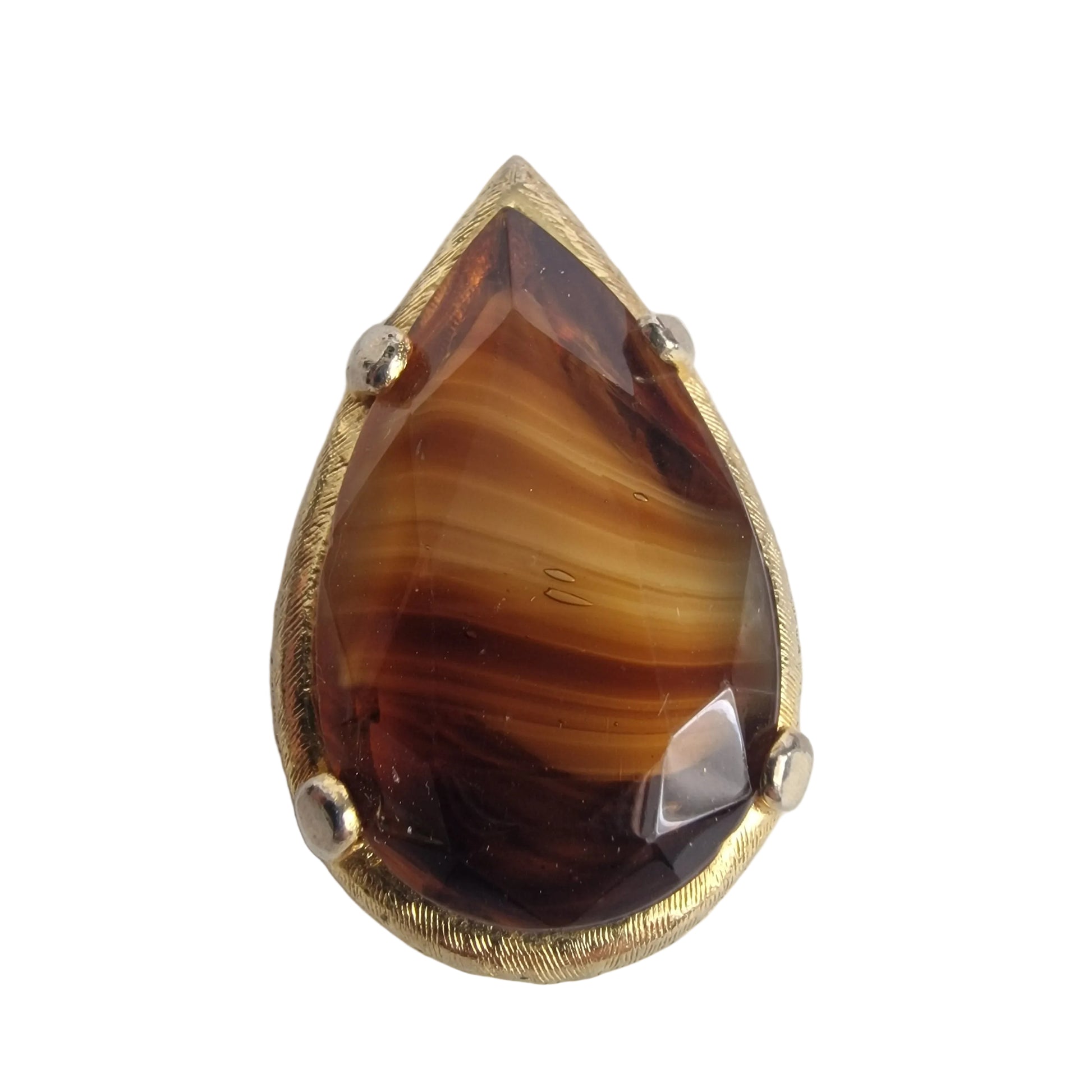 Vintage 1970s Gold-Tone Teardrop Pendant Banded Agate Natural Stone Jewellery
