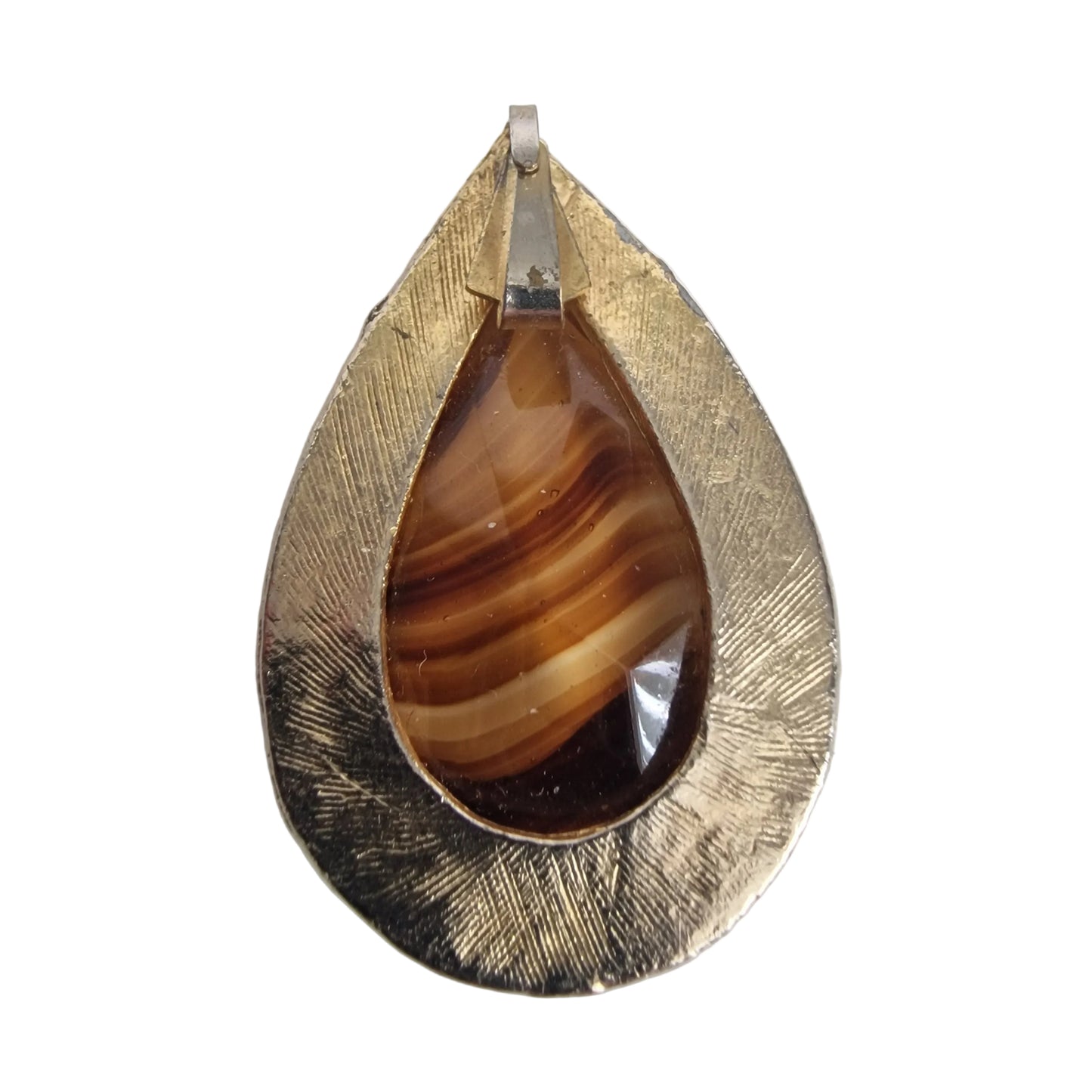 Vintage 1970s Gold-Tone Teardrop Pendant Banded Agate Natural Stone Jewellery – photo 2