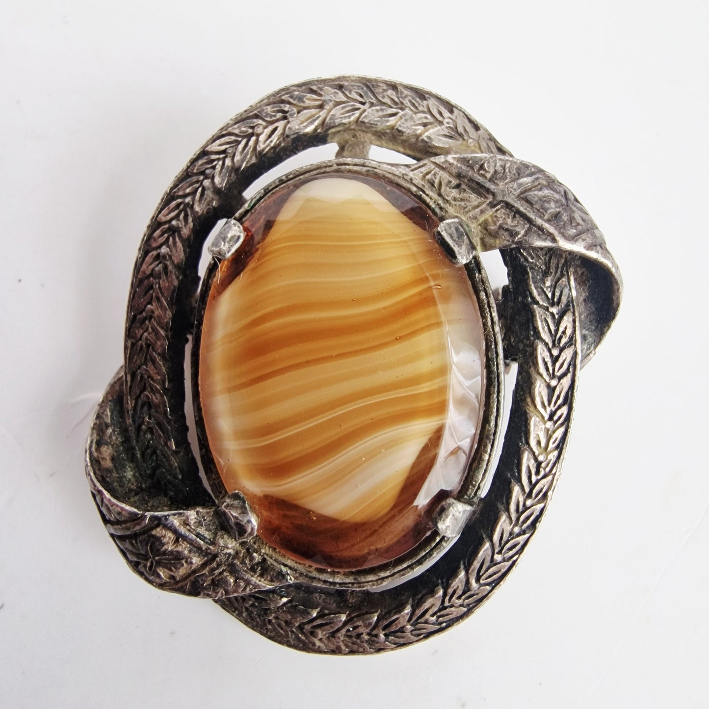 Vintage Miracle 1970s Bronze-Tone Celtic Brooch Agate Cabochon Interlaced Pin
