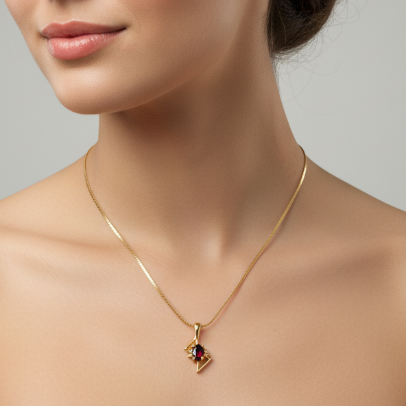Vintage 1980s Gold-Tone Geometric Pendant Necklace Red Stone Costume Jewellery