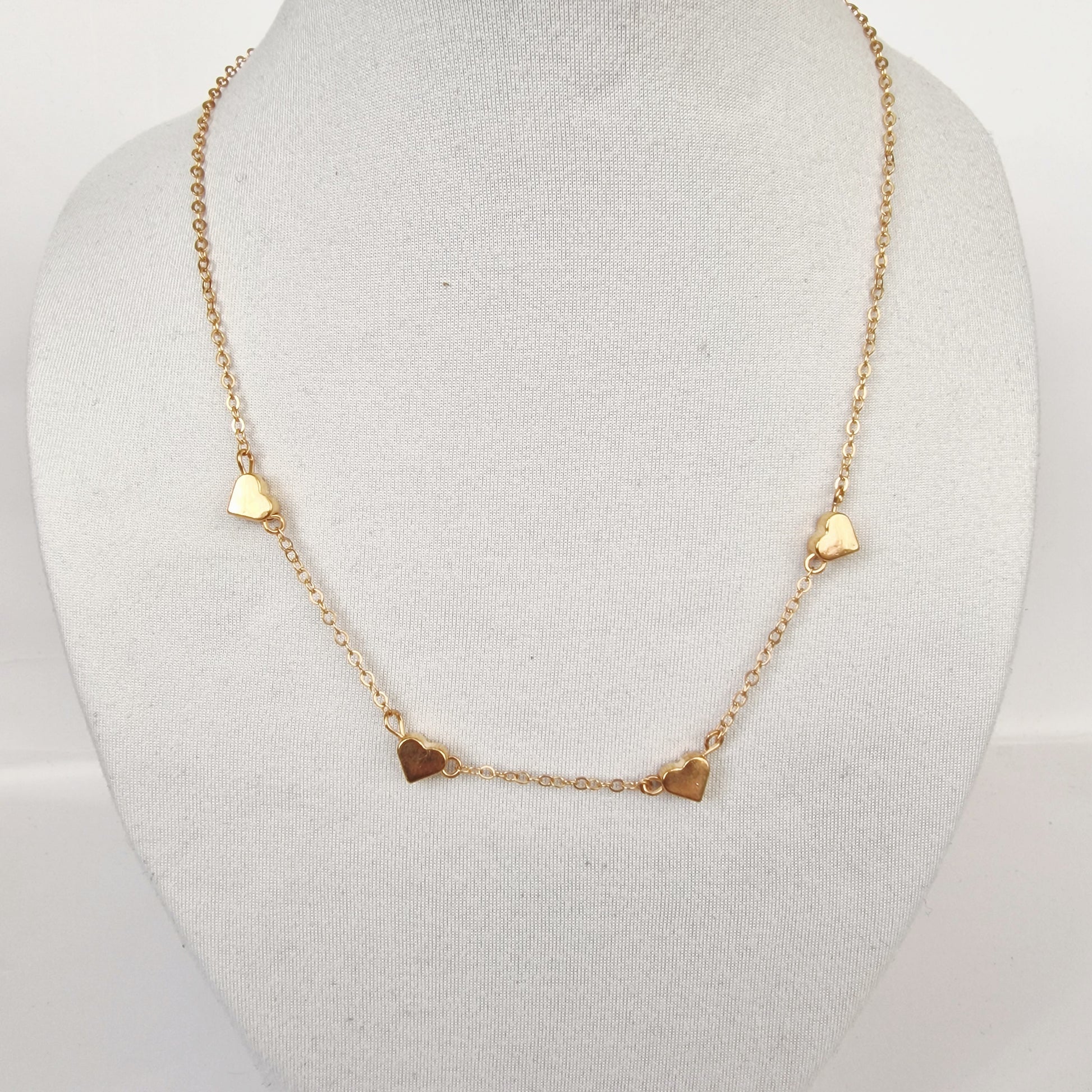 Vintage 1990s Gold-Tone Heart Station Necklace Delicate Figural Lobster Chain