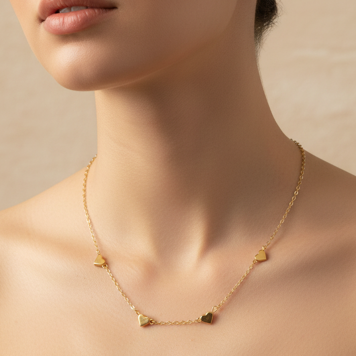 Vintage 1990s Gold-Tone Heart Station Necklace Delicate Figural Lobster Chain