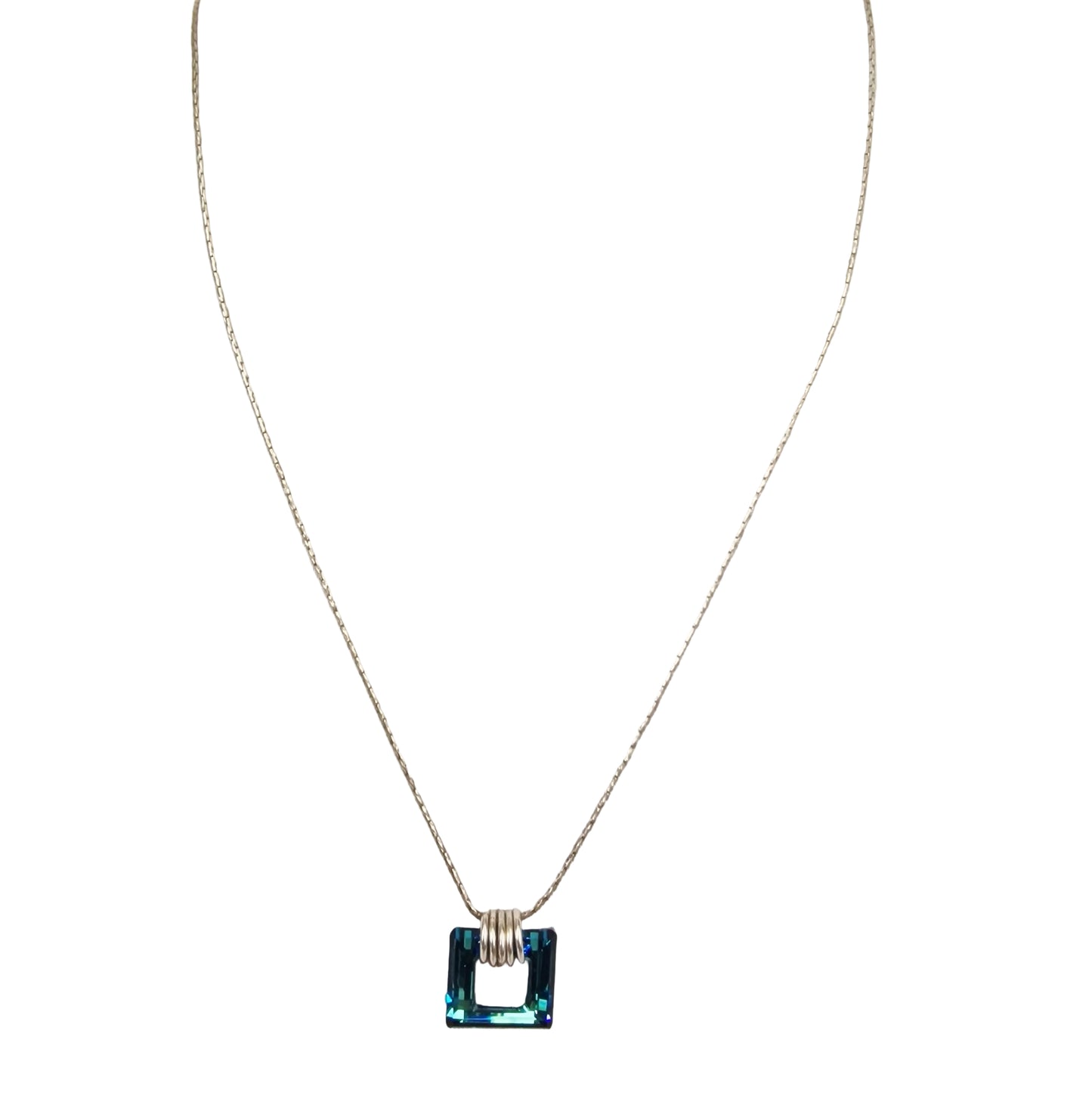 Vintage 1990s Silver-Tone Blue Aurora Crystal Square Pendant Necklace Geometric