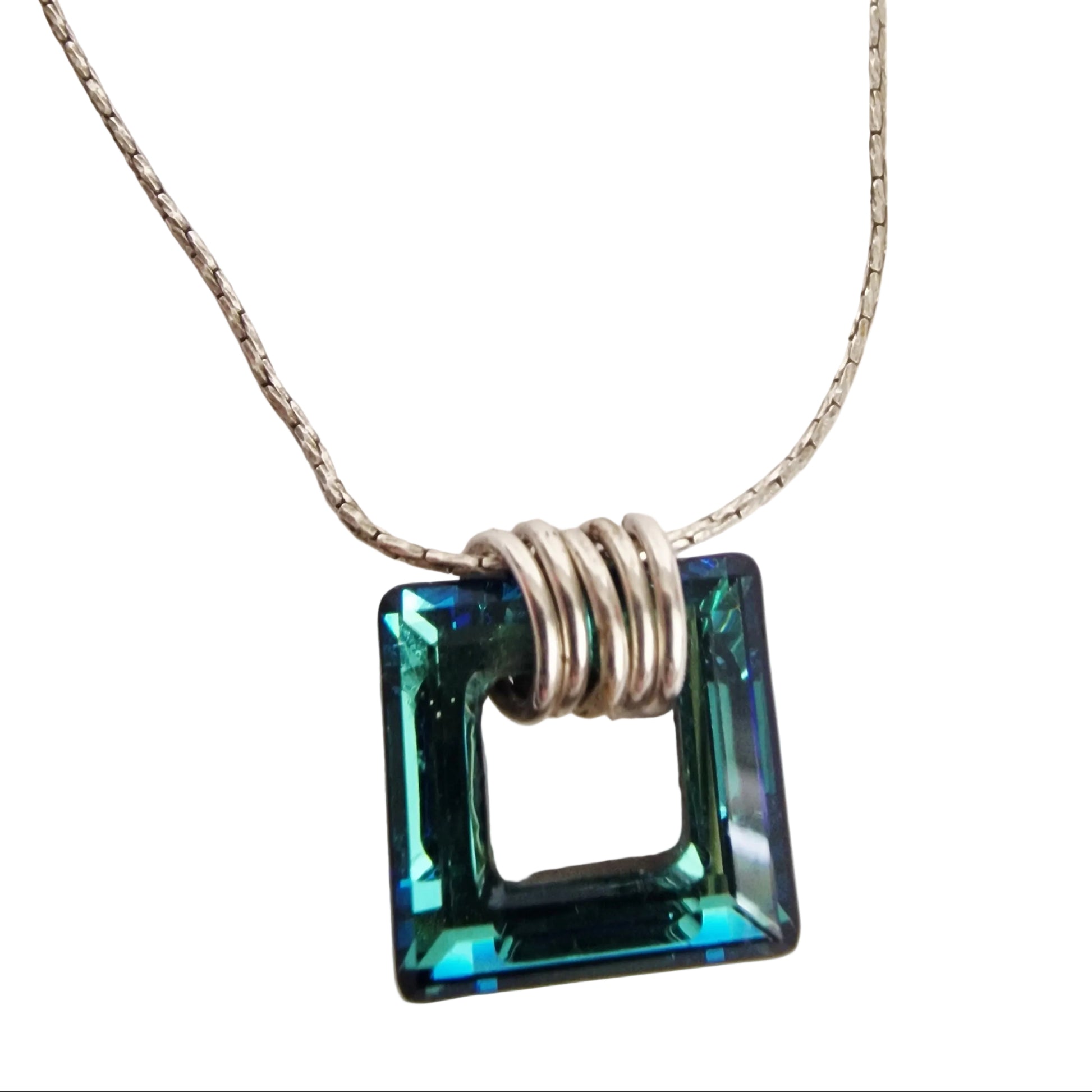 Vintage 1990s Silver-Tone Blue Aurora Crystal Square Pendant Necklace Geometric – photo 2