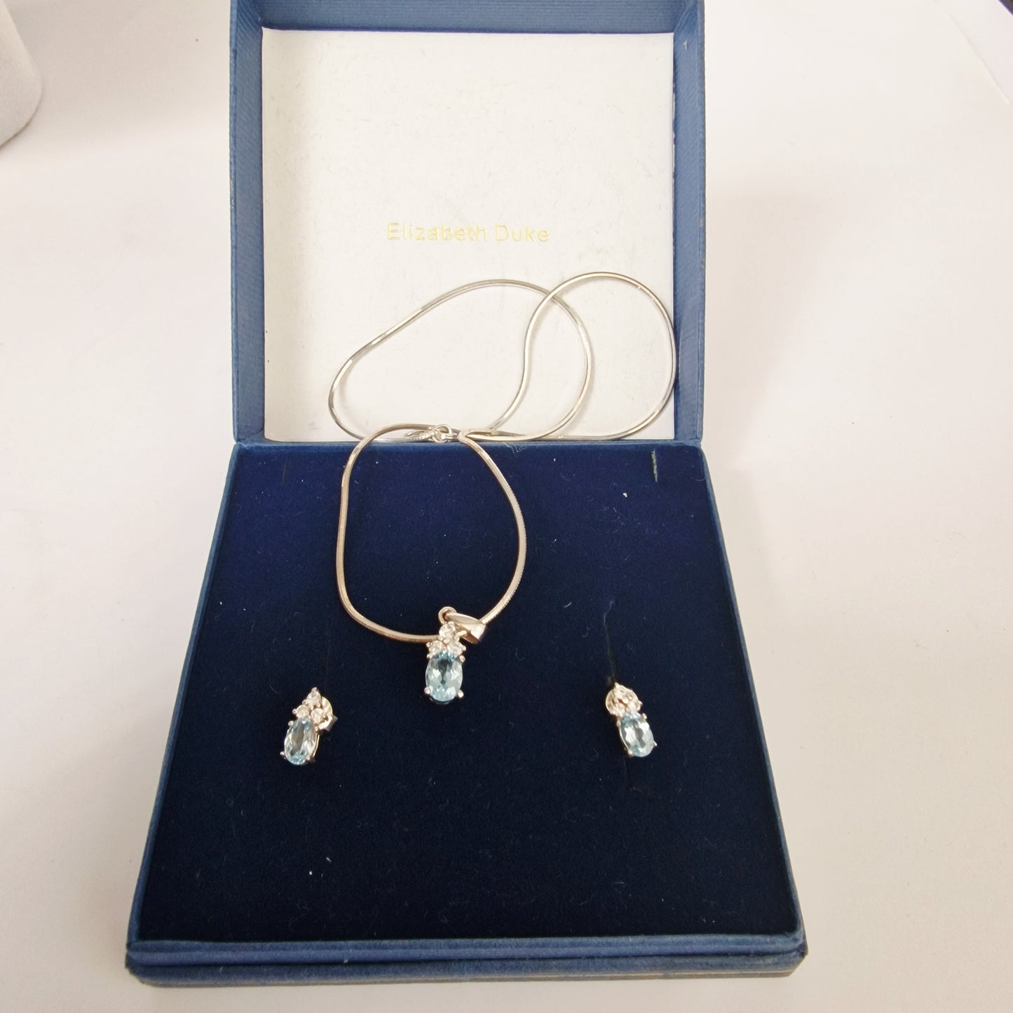Vintage Elizabeth Duke 1990s Sterling Silver 925 Pendant Earrings Set Blue Topaz