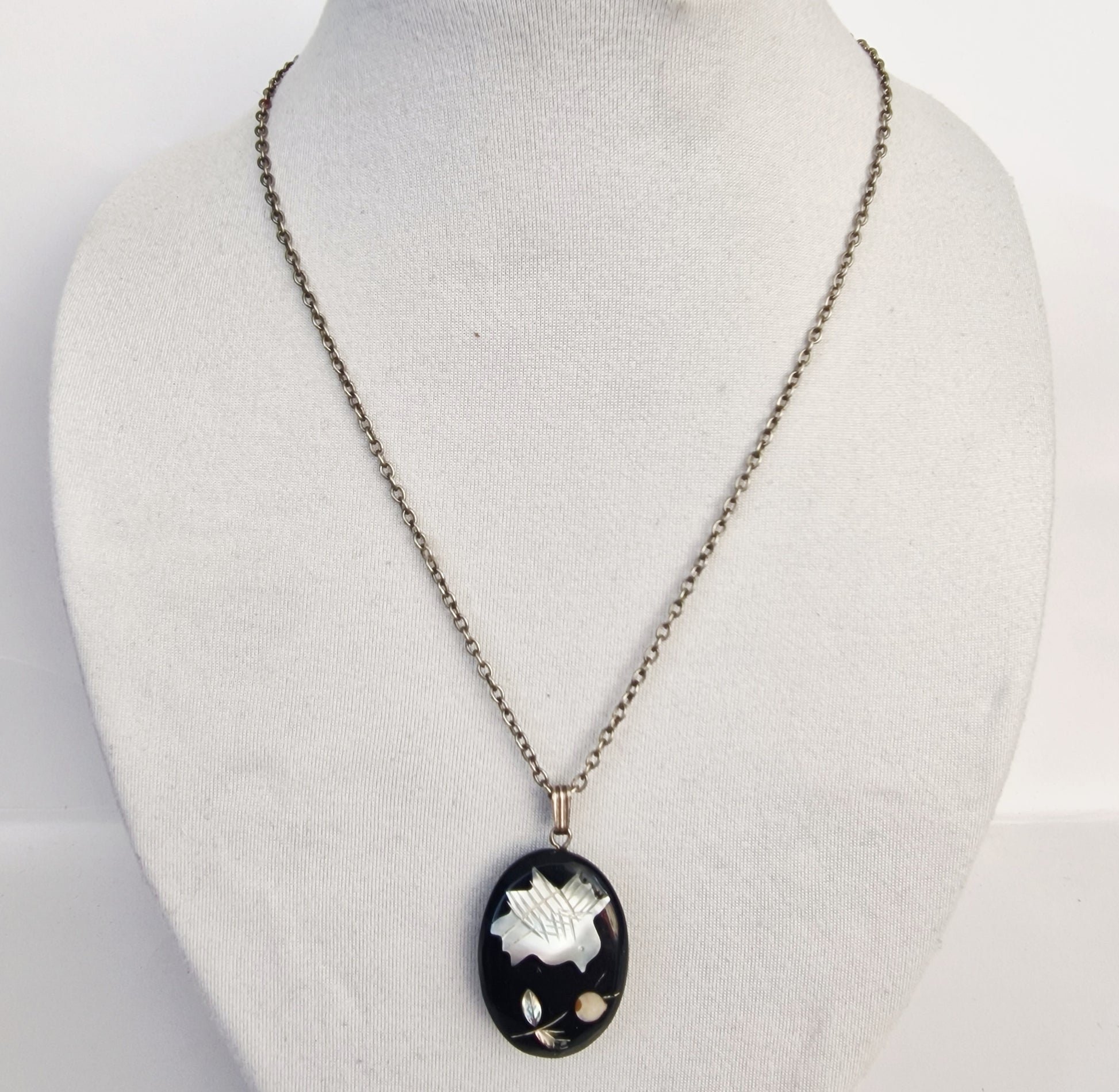 Vintage 1970s Black Silver-Tone Floral Botanical Necklace Mother Of Pearl Inlay