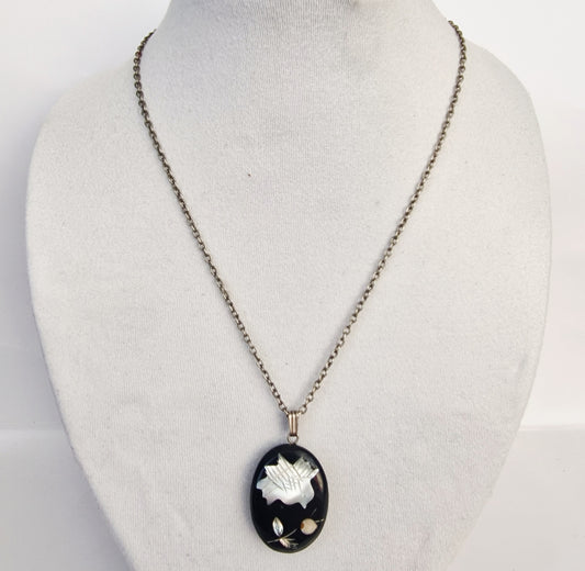 Vintage 1970s Black Silver-Tone Floral Botanical Necklace Mother Of Pearl Inlay