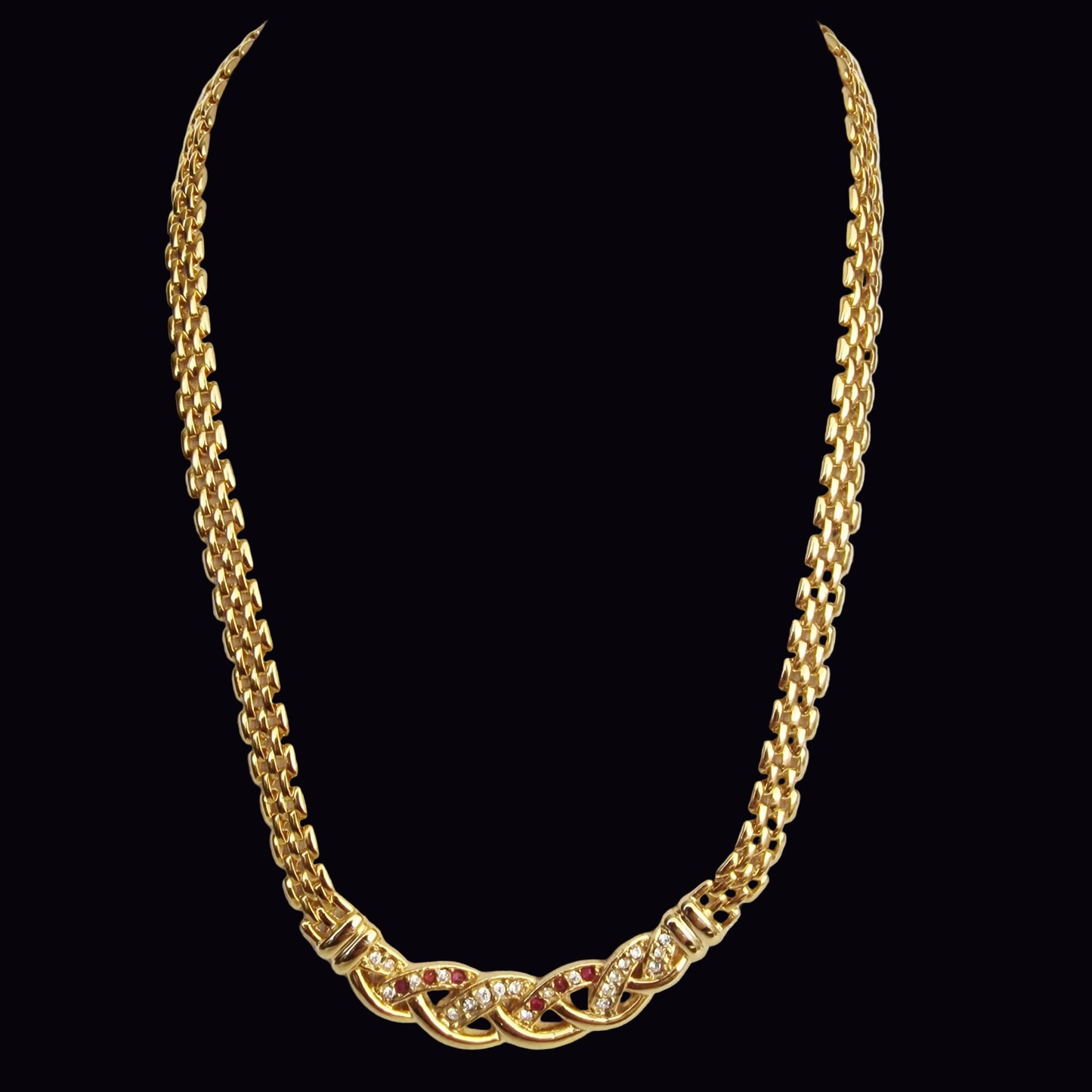 Vintage 1980s Gold-Tone Wide Panther Chain Necklace Ruby Rhinestone Statement