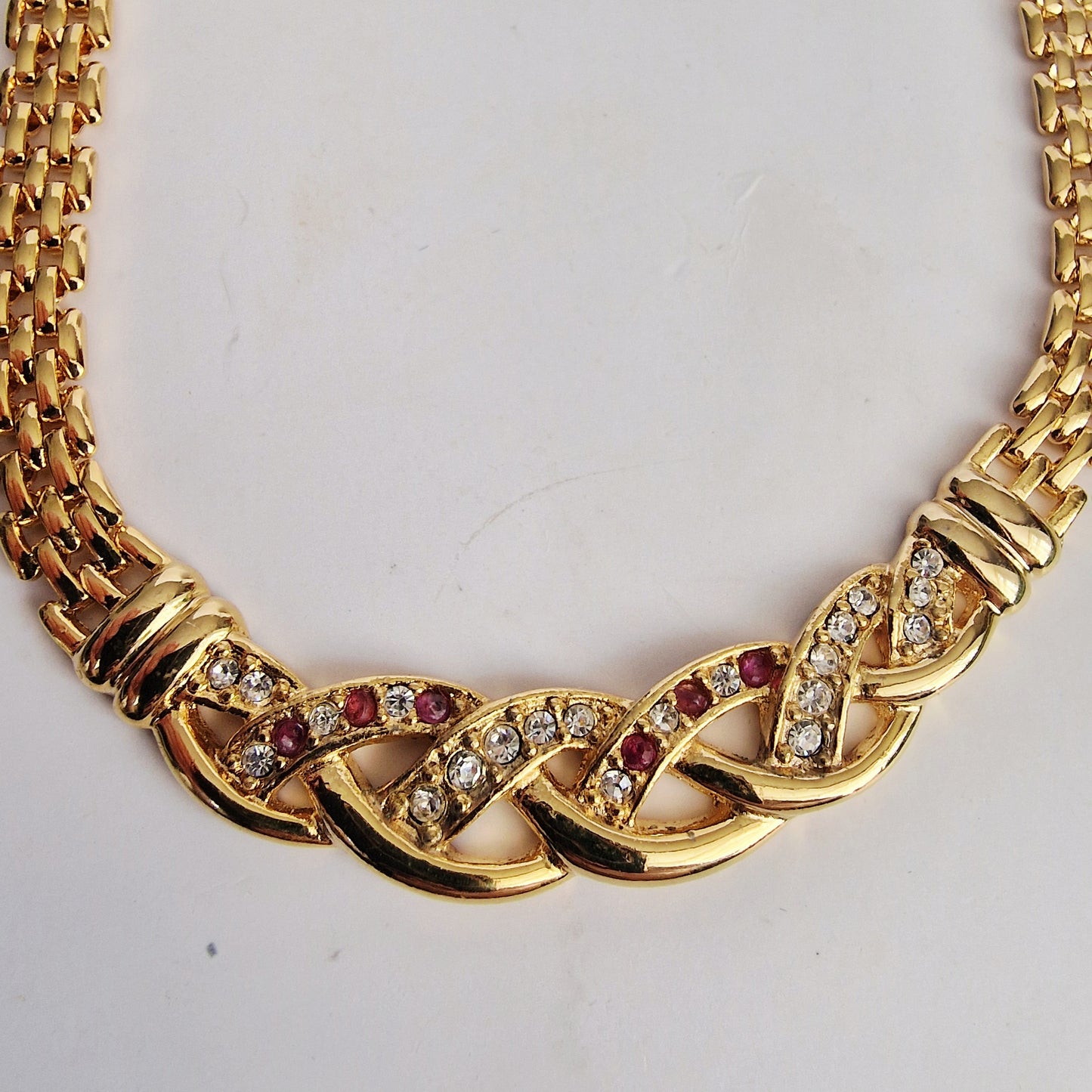 Vintage 1980s Gold-Tone Wide Panther Chain Necklace Ruby Rhinestone Statement – photo 2