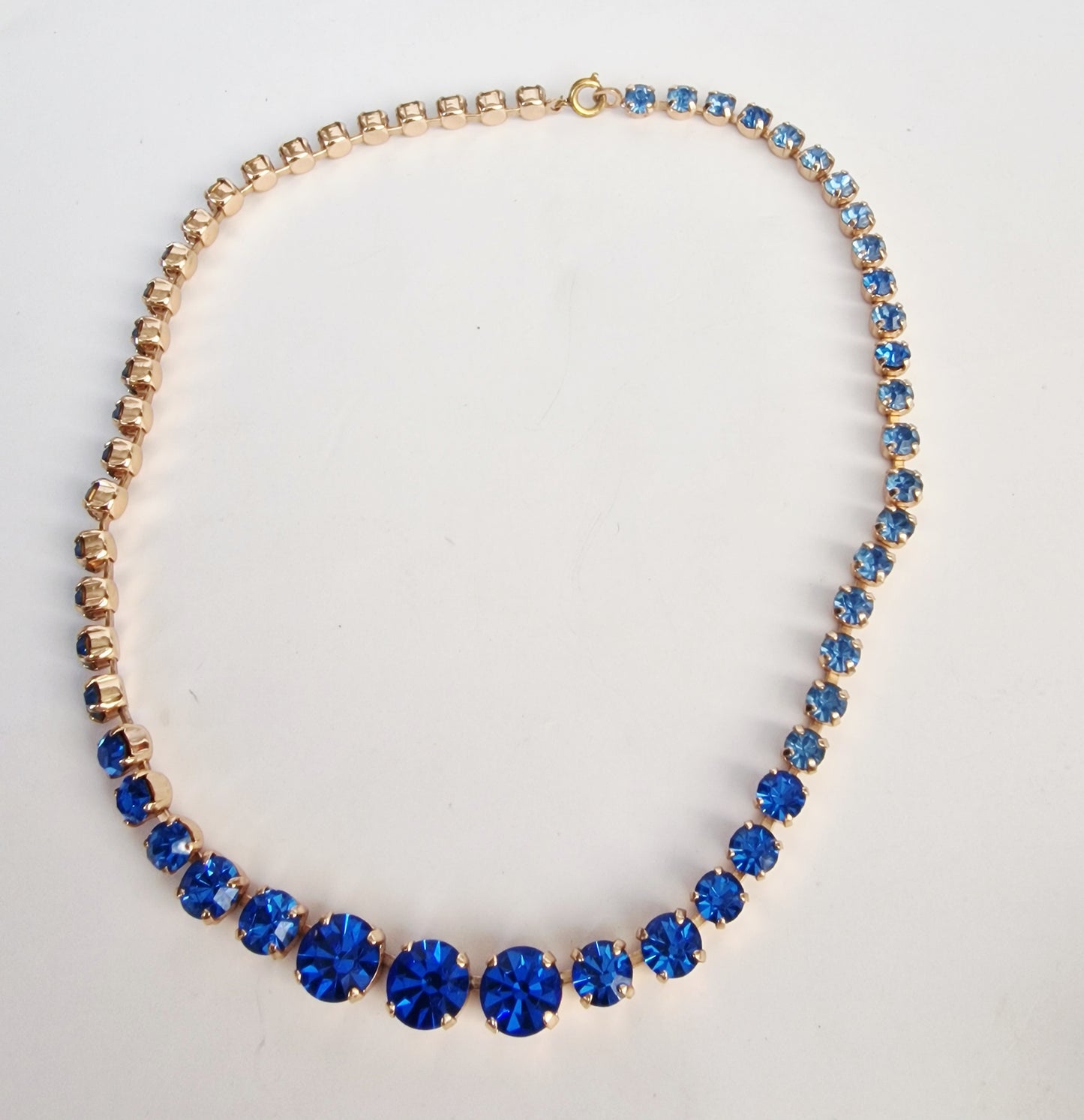 Vintage 1950s Cobalt Blue Gold-Tone Rhinestone Graduated Riviere Collar Necklace