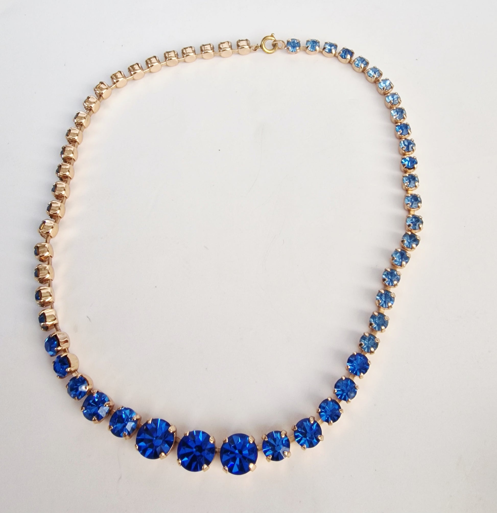 Vintage 1950s Cobalt Blue Gold-Tone Rhinestone Graduated Riviere Collar Necklace