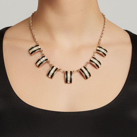 Vintage 1980s Gold-Tone Black Enamel Rhinestone Geometric Bib Statement Necklace