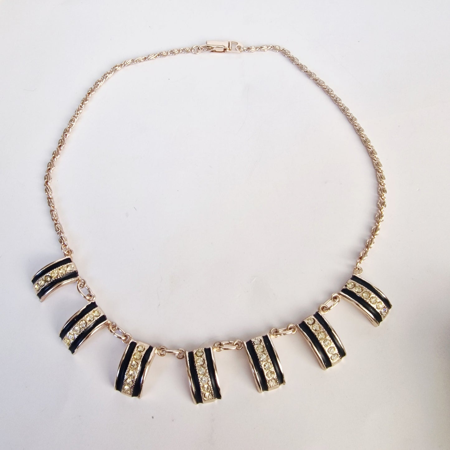 Vintage 1980s Gold-Tone Black Enamel Rhinestone Geometric Bib Statement Necklace – photo 2