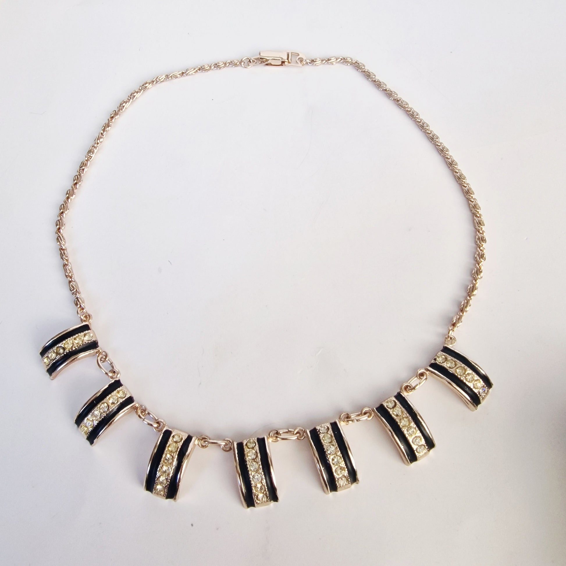 Vintage 1980s Gold-Tone Black Enamel Rhinestone Geometric Bib Statement Necklace – photo 2