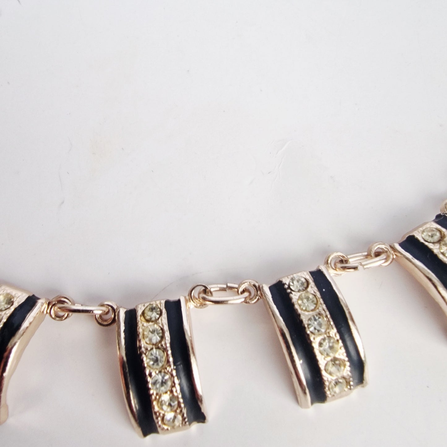 Vintage 1980s Gold-Tone Black Enamel Rhinestone Geometric Bib Statement Necklace – photo 3