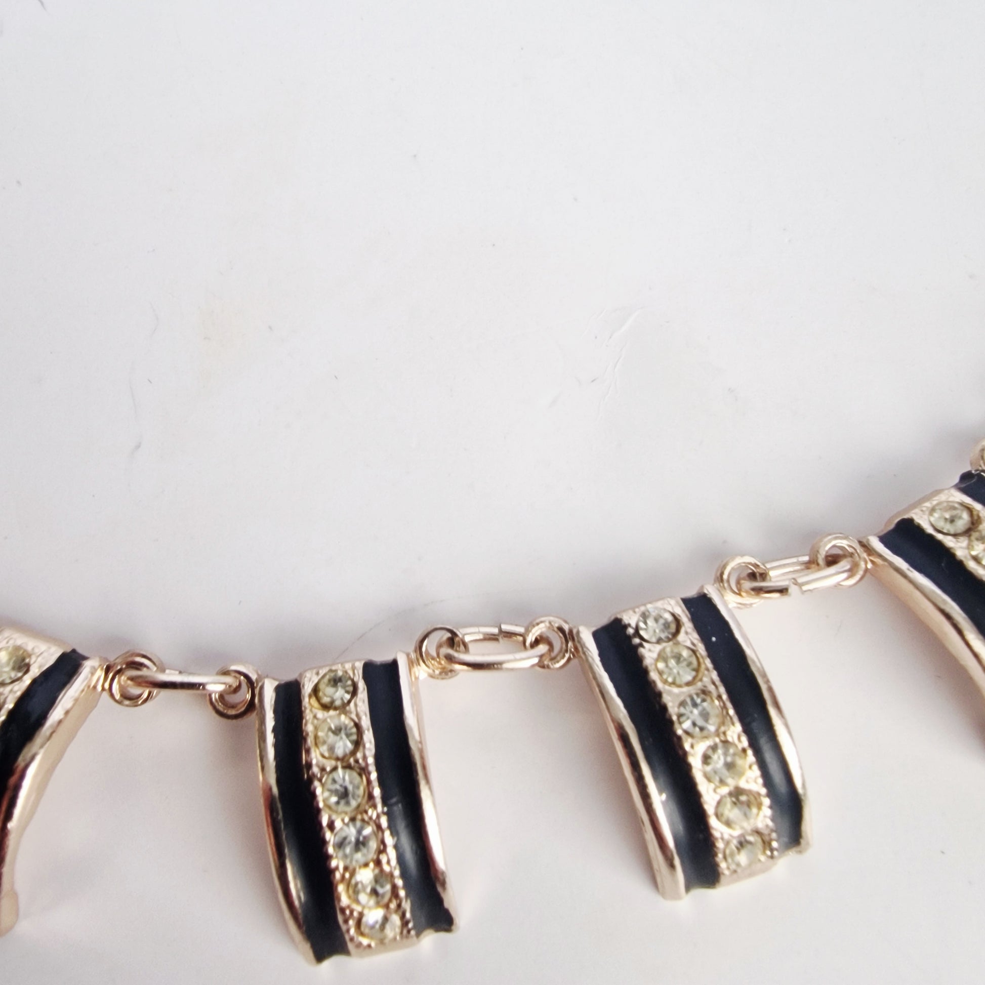 Vintage 1980s Gold-Tone Black Enamel Rhinestone Geometric Bib Statement Necklace – photo 3