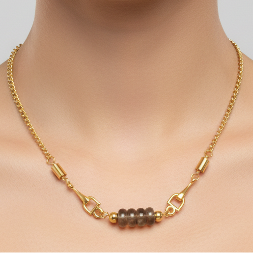 Vintage Corocraft 1970s Gold-Tone Necklace Signed Natural Stone Rondelle Chain