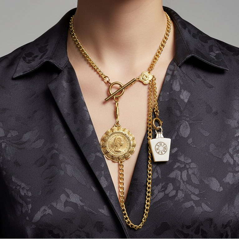 Vintage 1980s Gold-Tone Coin Charm Necklace Toggle Clasp Halfpenny Curb Chain