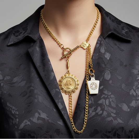 Vintage 1980s Gold-Tone Coin Charm Necklace Toggle Clasp Halfpenny Curb Chain