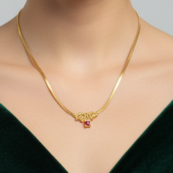 Vintage 1980s Gold-Tone Herringbone Chain Necklace Red Rhinestone Drop Pendant