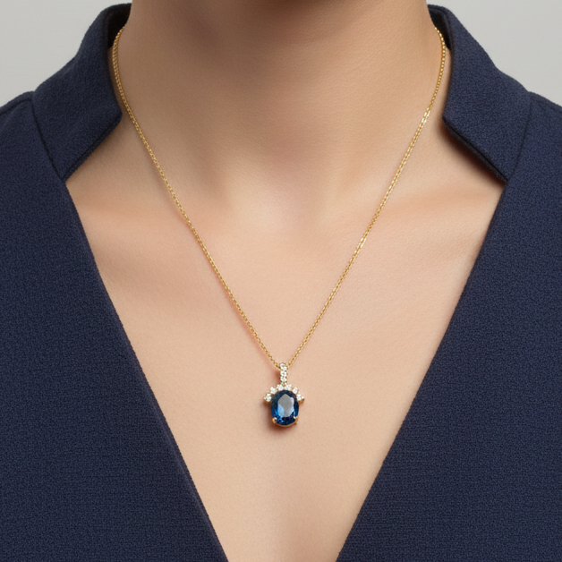Vintage Roman 1980s Gold-Tone Blue Rhinestone Pendant Necklace Signed Costume