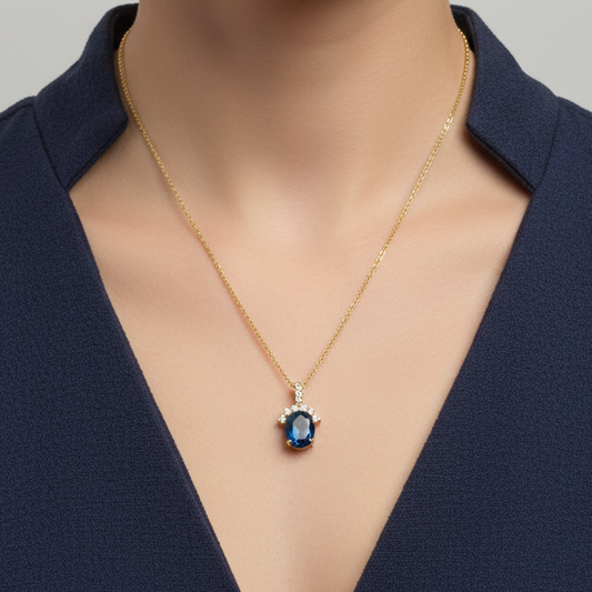 Vintage Roman 1980s Gold-Tone Blue Rhinestone Pendant Necklace Signed Costume