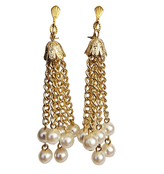 Vintage 1980s Gold-Tone Tassel Drop Clip-On Earrings Faux Pearl Chain Costume