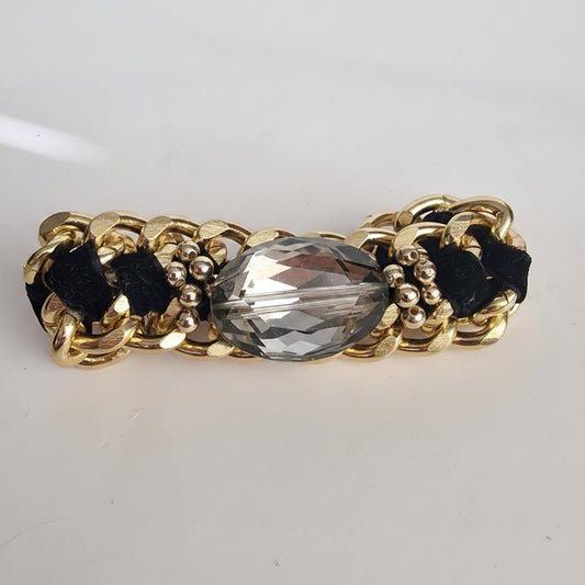 Vintage 1980s Gold-Tone Woven Black Ribbon Curb Chain Bracelet Rhinestone Focal – photo 3