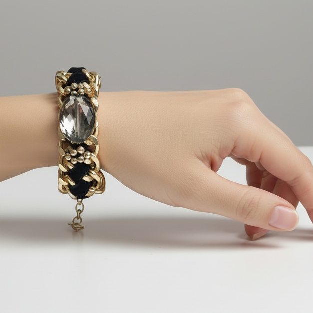 Vintage 1980s Gold-Tone Woven Black Ribbon Curb Chain Bracelet Rhinestone Focal