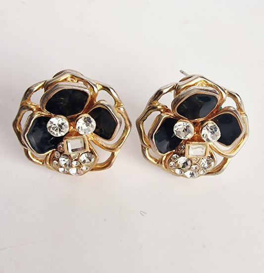 Vintage 1980s Gold-Tone Openwork Floral Dome Pierced Earrings Black Rhinestone