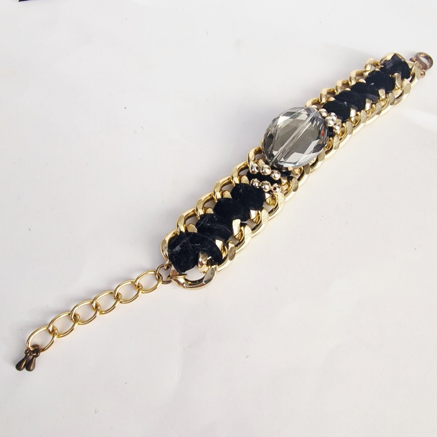 Vintage 1980s Gold-Tone Woven Black Ribbon Curb Chain Bracelet Rhinestone Focal – photo 8