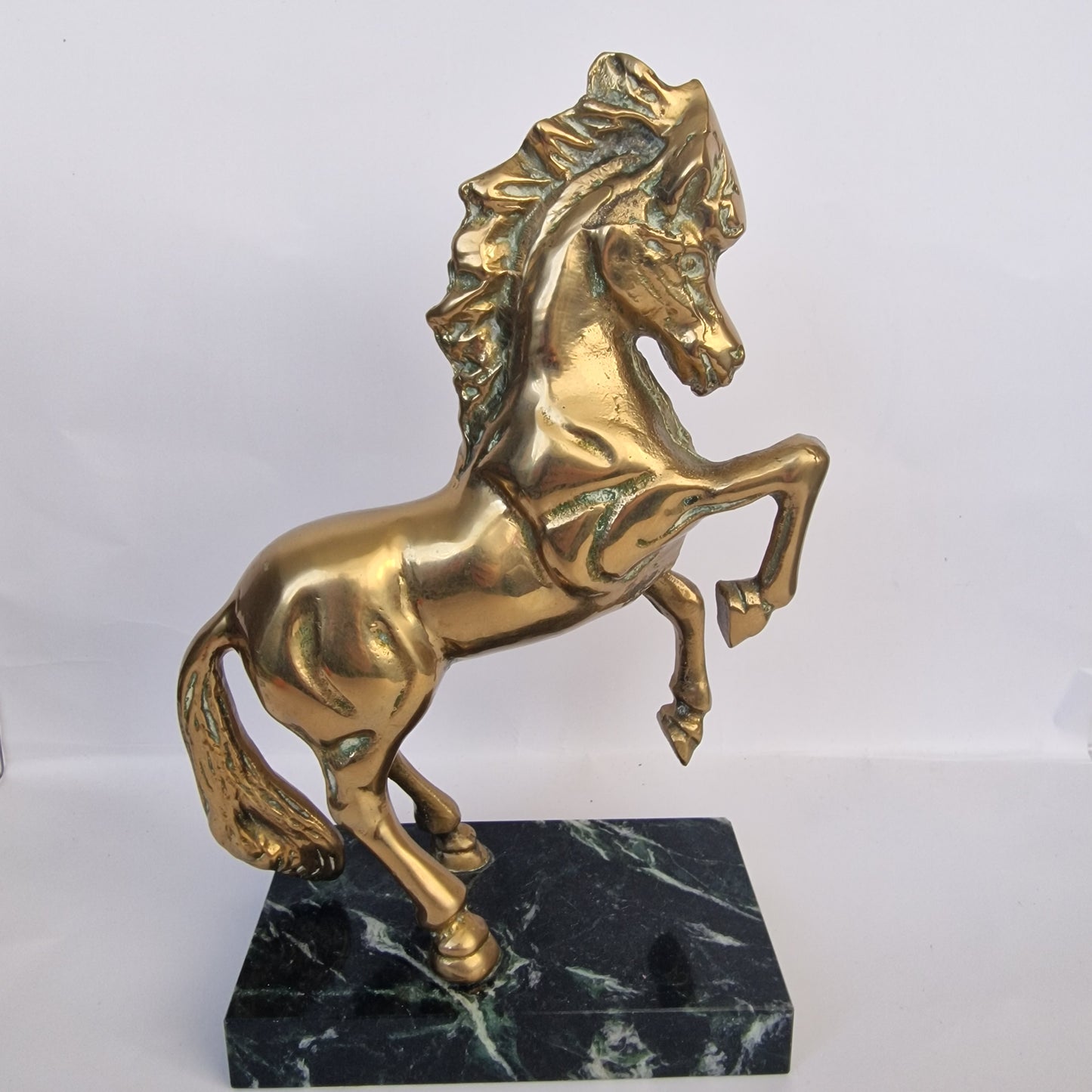 Vintage 1970s Bronze Rearing Horse Figurine Green Marble Equestrian Sculpture