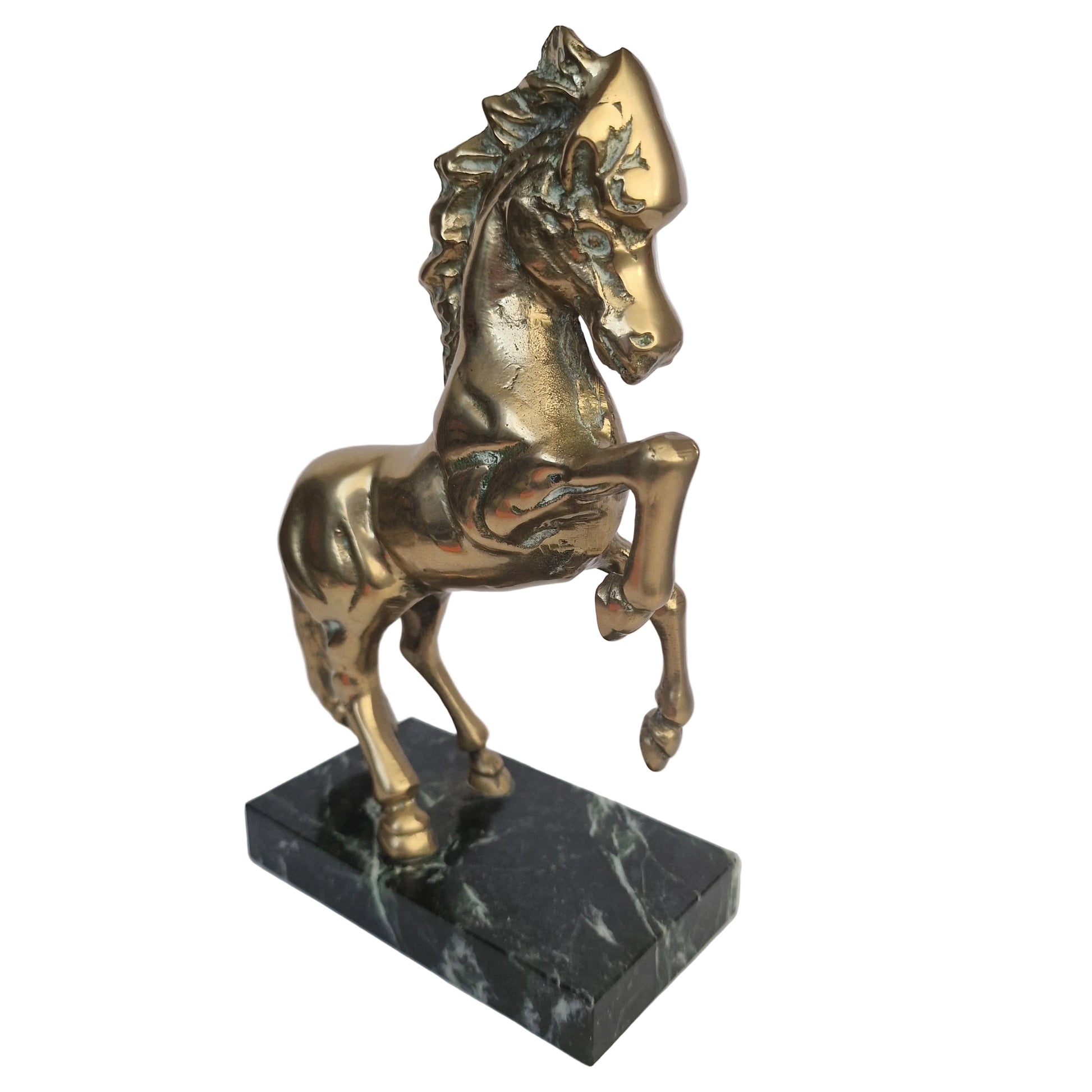 Vintage 1970s Bronze Rearing Horse Figurine Green Marble Equestrian Sculpture – photo 2