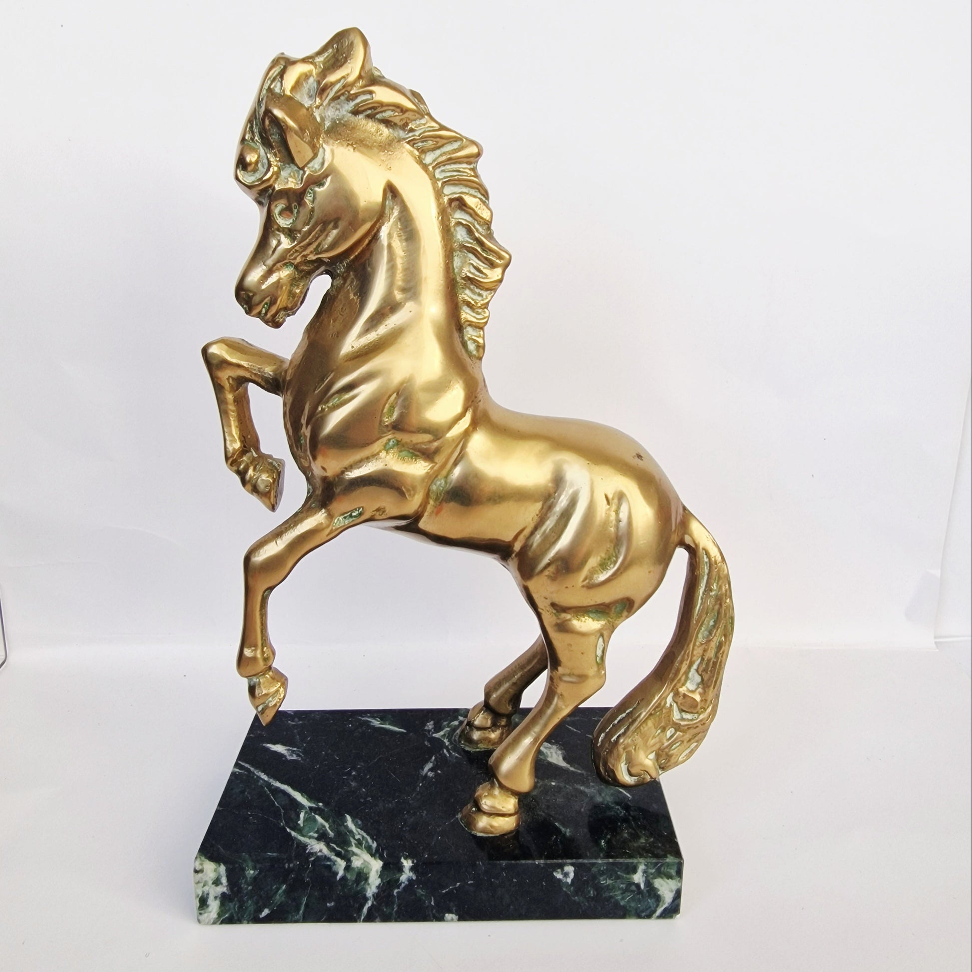 Vintage 1970s Bronze Rearing Horse Figurine Green Marble Equestrian Sculpture – photo 4