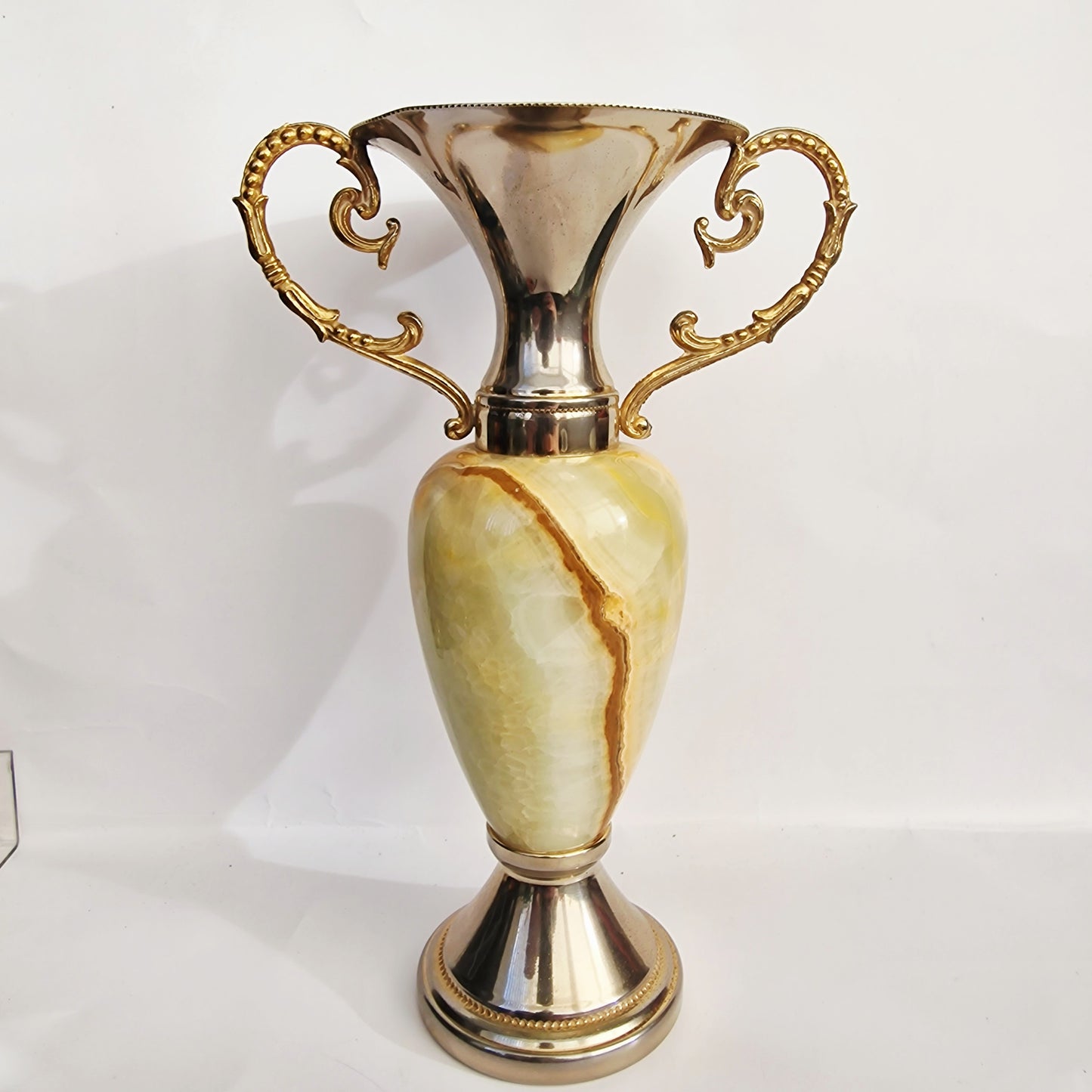 Vintage 1970s Green Natural Stone Vase Gold Silver Handles Trophy Urn Baroque