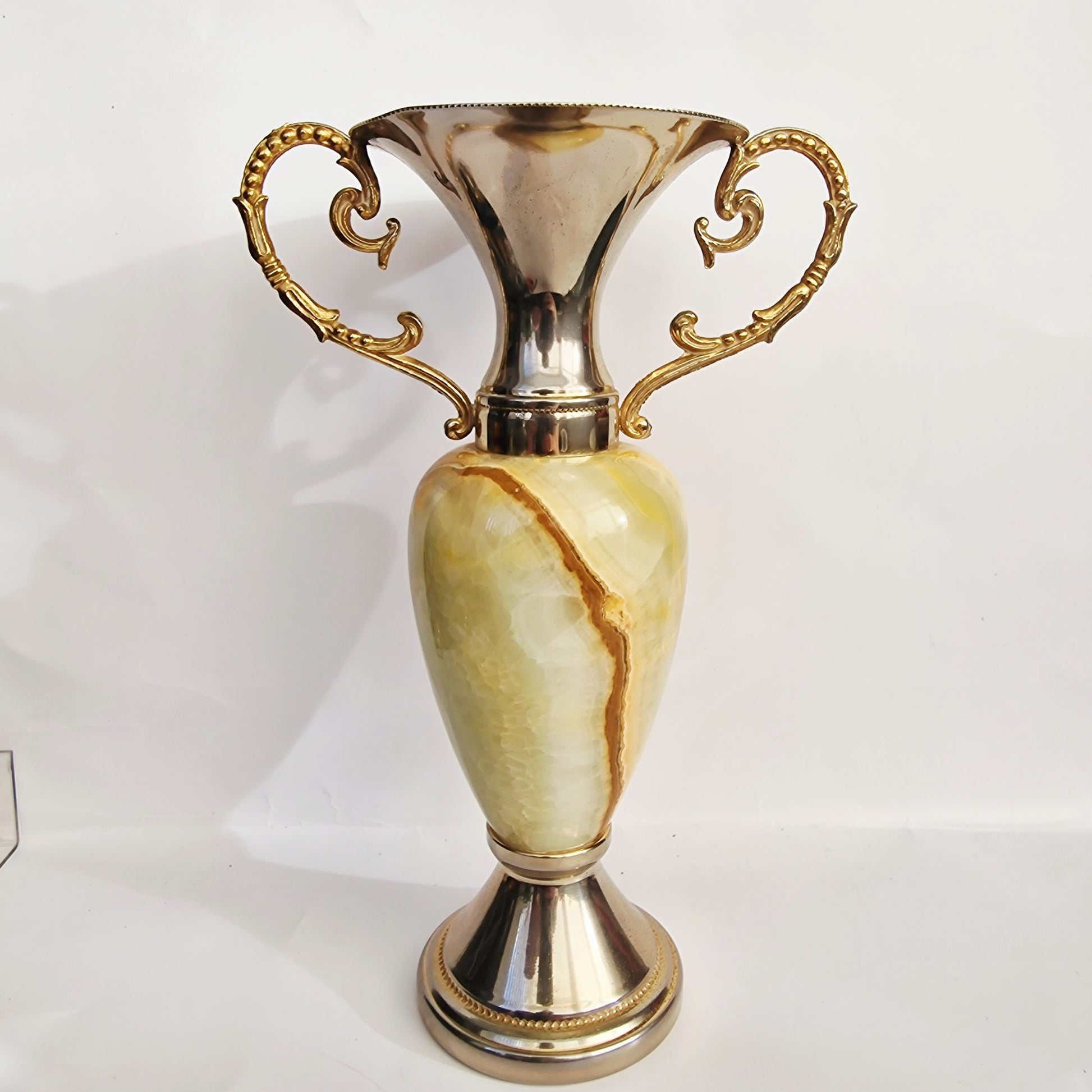 Vintage 1970s Green Natural Stone Vase Gold Silver Handles Trophy Urn Baroque