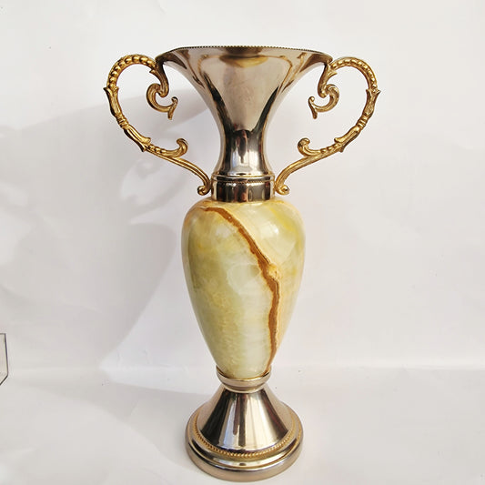 Vintage 1970s Green Natural Stone Vase Gold Silver Handles Trophy Urn Baroque