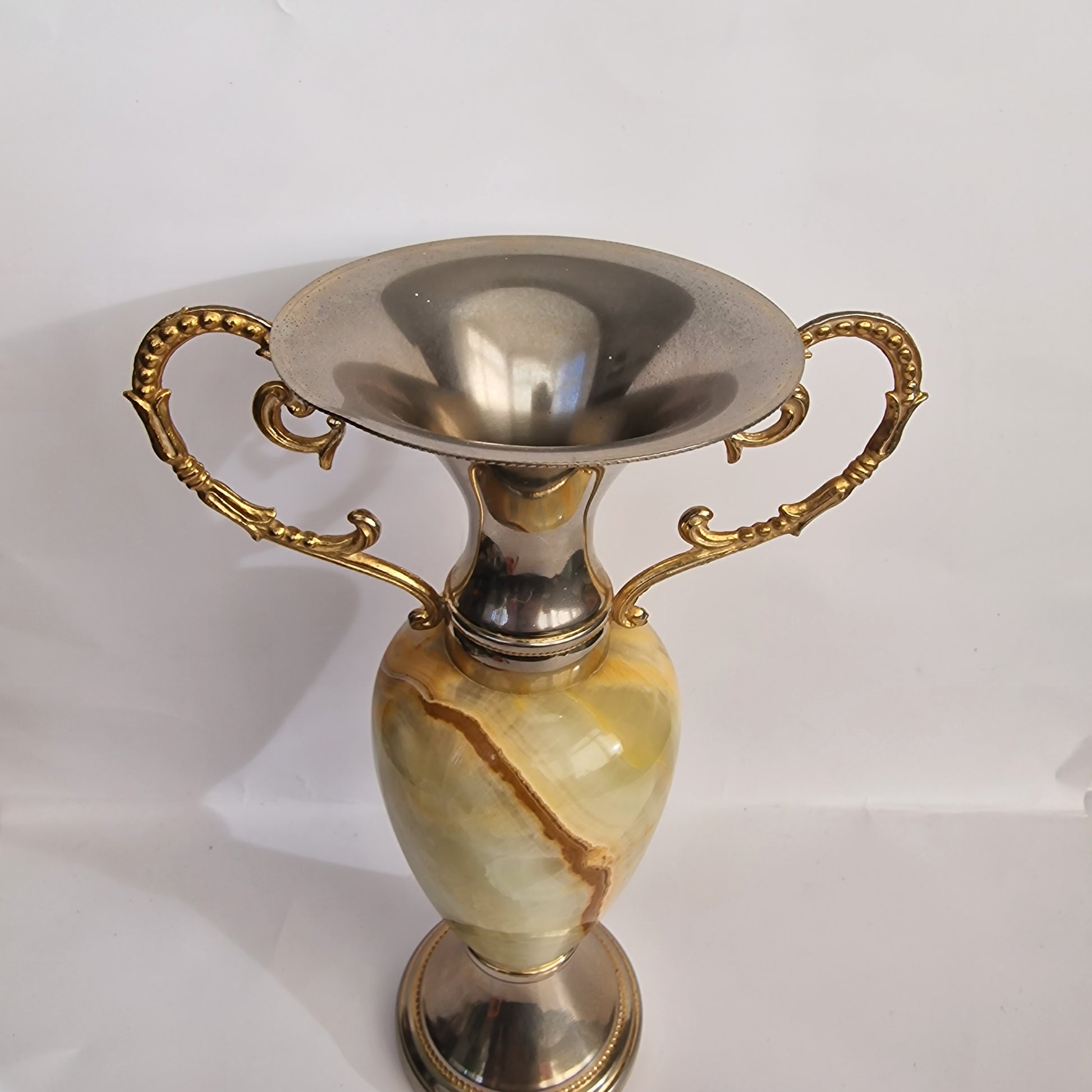 Vintage 1970s Green Natural Stone Vase Gold Silver Handles Trophy Urn Baroque – photo 2