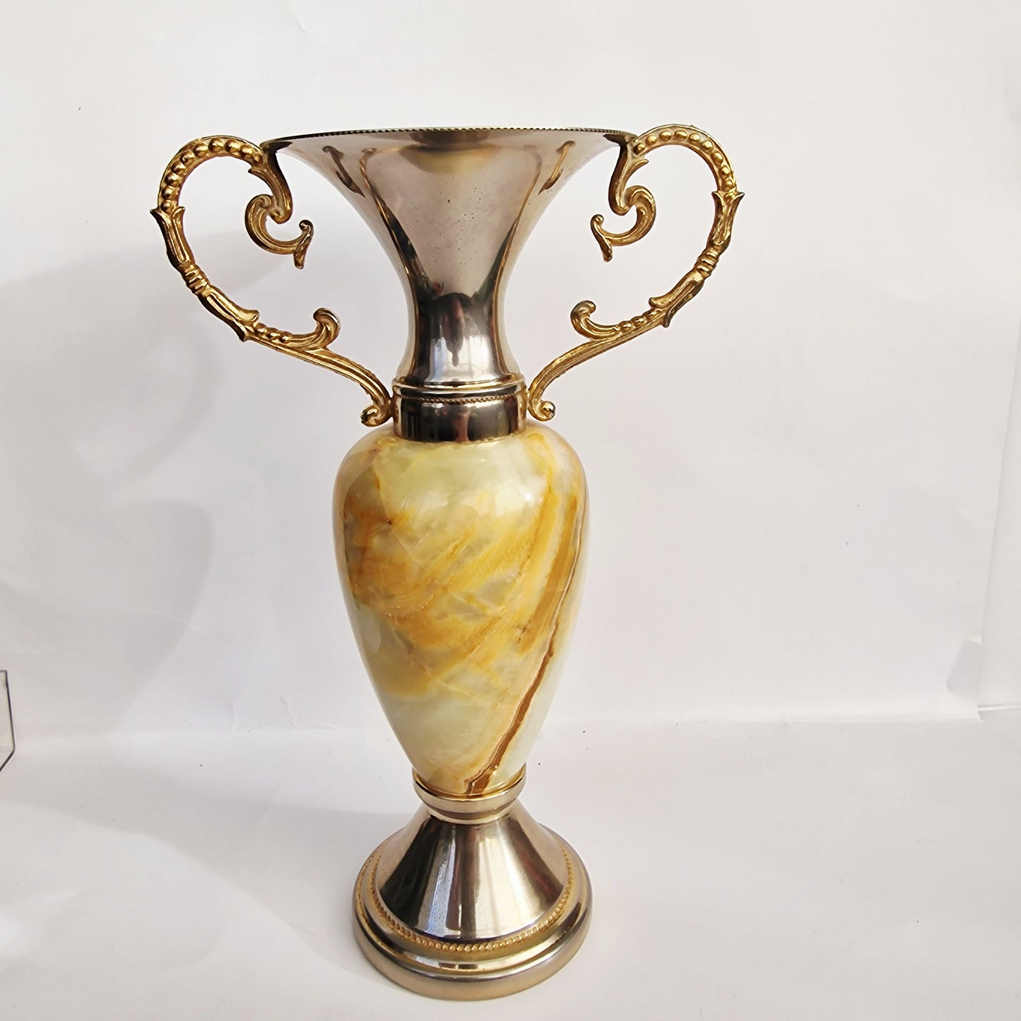Vintage 1970s Green Natural Stone Vase Gold Silver Handles Trophy Urn Baroque – photo 4