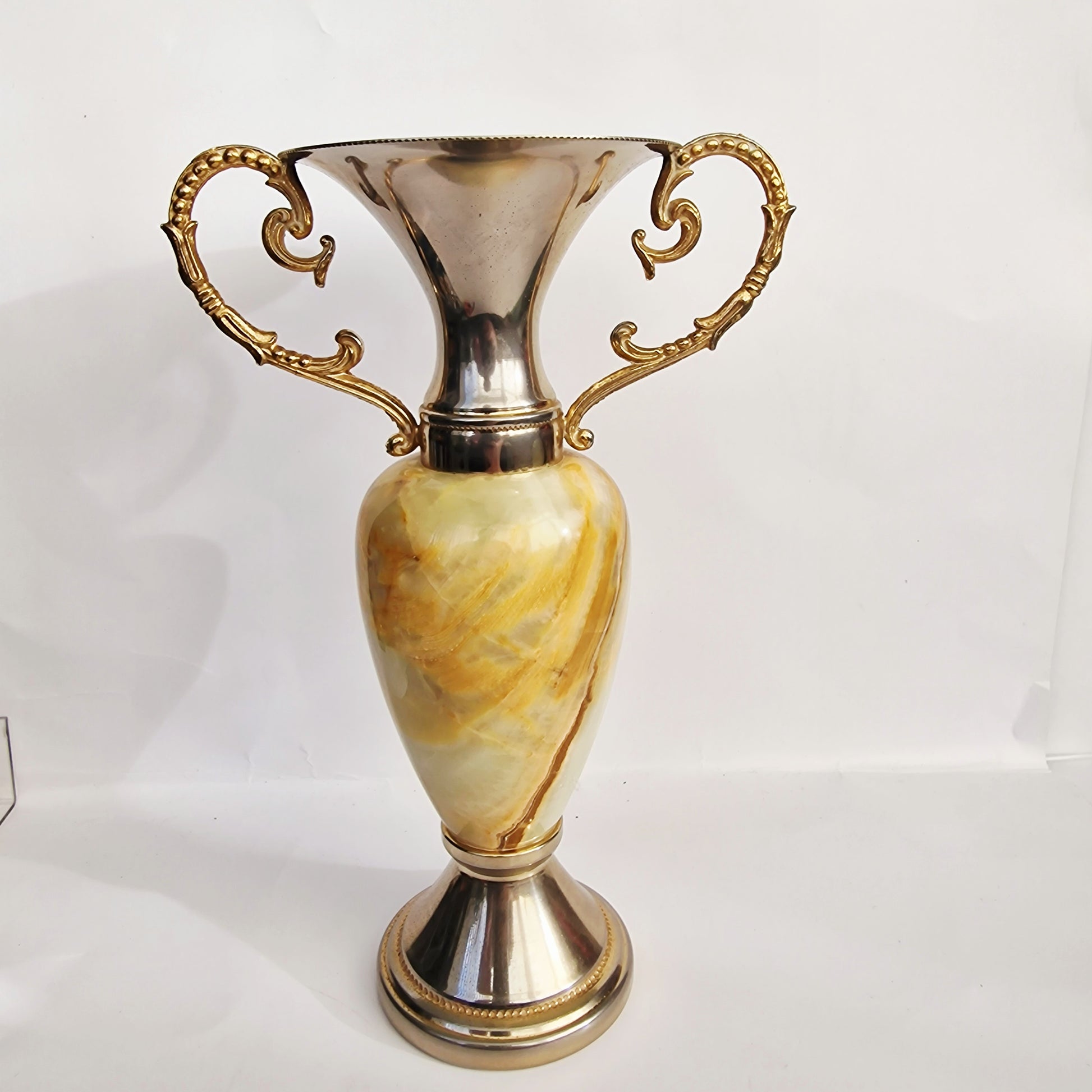 Vintage 1970s Green Natural Stone Vase Gold Silver Handles Trophy Urn Baroque – photo 4