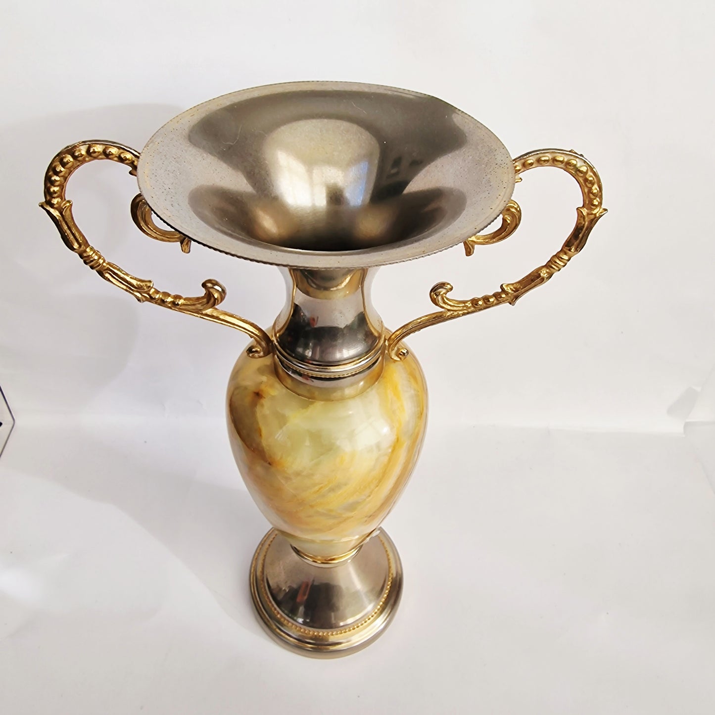 Vintage 1970s Green Natural Stone Vase Gold Silver Handles Trophy Urn Baroque – photo 5